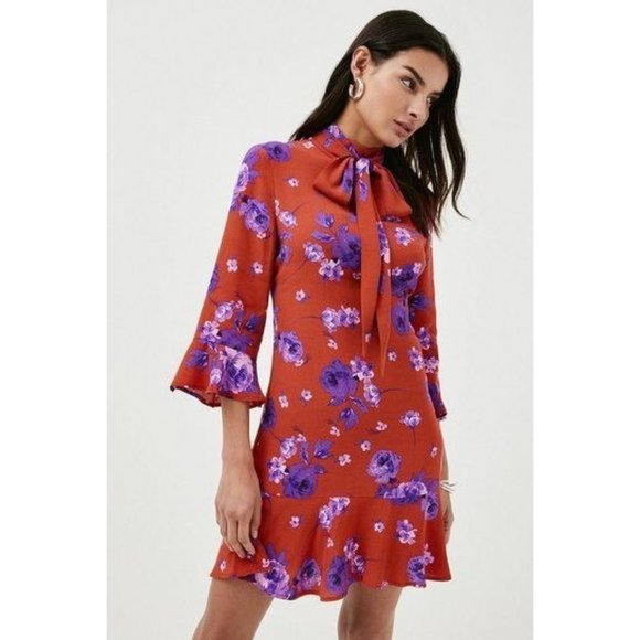 Karen Millen Dresses & Skirts - NWT Karen Millen Red Floral Woven Pussy Bow Flippy Mini Dress Women's 10